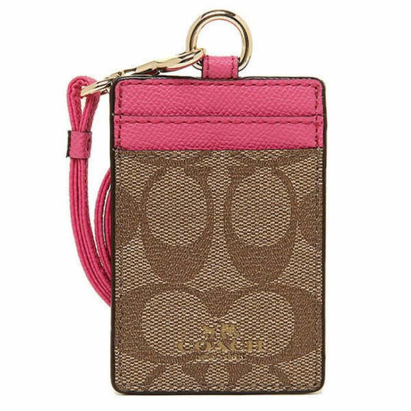 Coach signature brown w/pink lanyard card id EUC - Picture 1 of 5